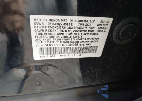 2016 Honda Pilot Ex из США, поврежденный, VIN 5FNYF5H31GB004969